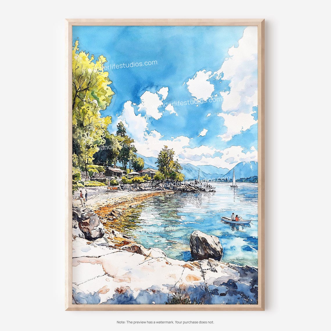 Lake Windermere Watercolor Sailboats Rocky Shore Scenic Poster