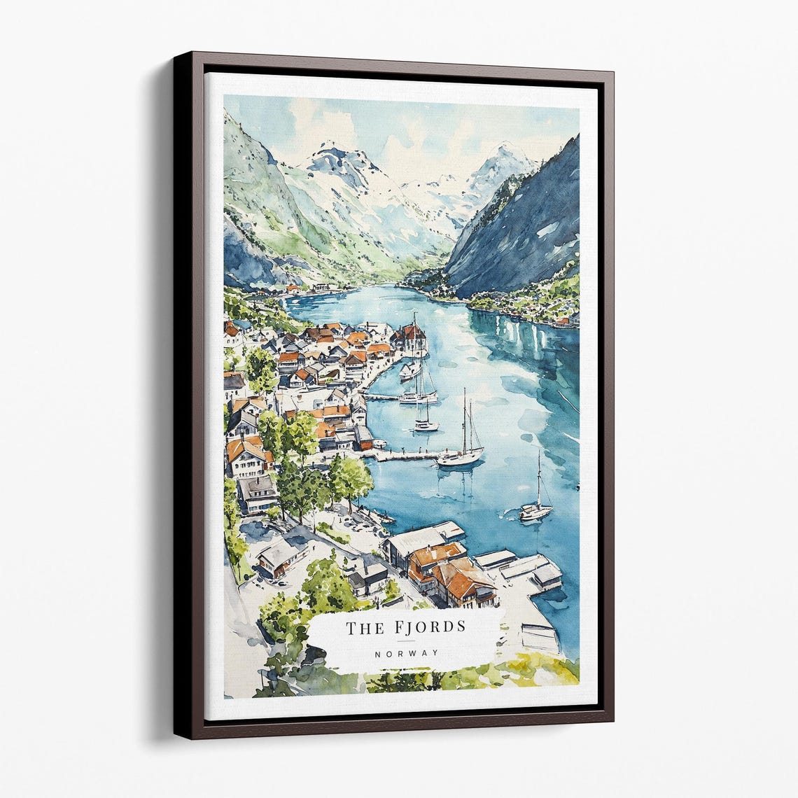 The Fjords Norway Watercolor Mountain Village Harbor Scenic Poster