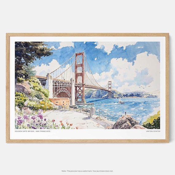 Golden Gate Bridge San Francisco Watercolor Landmark Art Poster