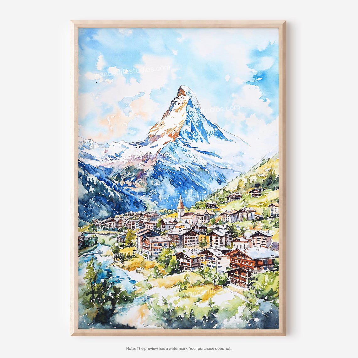 Matterhorn Zermatt Village Snow Peak Watercolor Alpine Poster