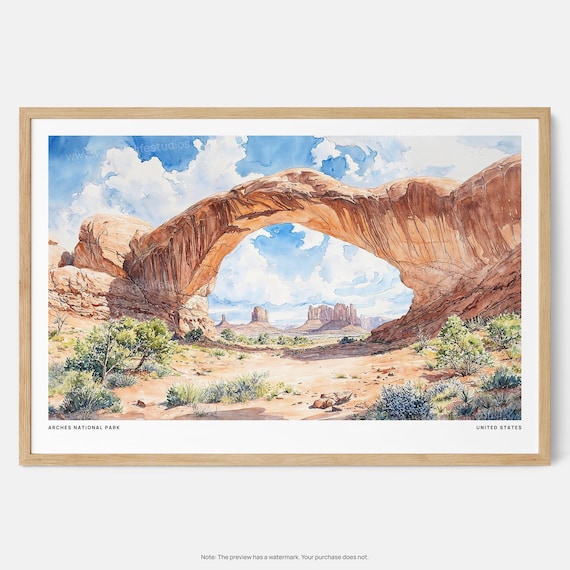 Arches National Park Watercolor of Red Rock Desert Scenery Poster