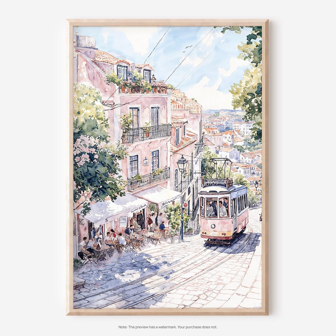 Lisbon Portugal Pink Classic Tram Alfama Street Watercolor Poster