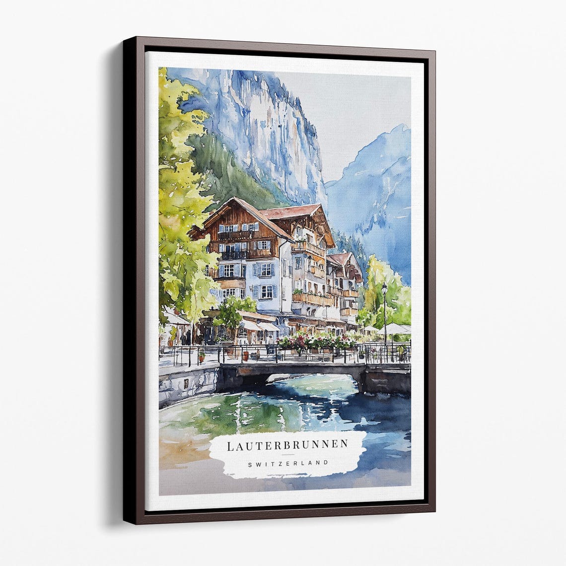Lauterbrunnen Switzerland Chalet River Watercolor Travel Poster