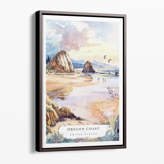 Oregon Coast Haystack Rock Sandy Beach Watercolor Travel Poster