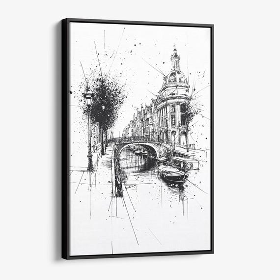 Amsterdam Pencil Drawing Canvas Print Elegant Cityscape Wall Decor