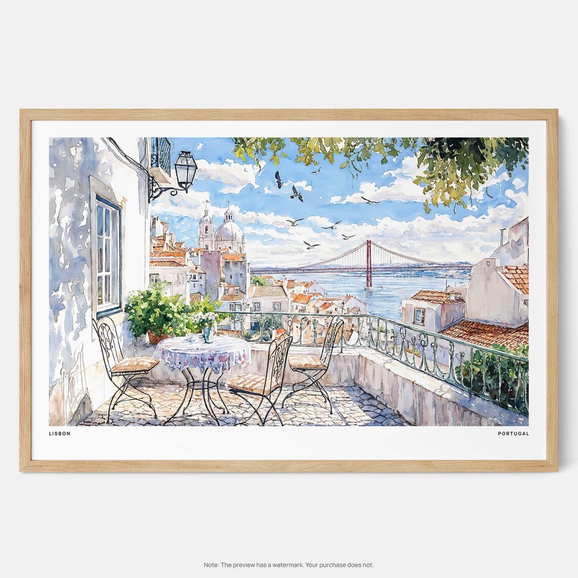 Lisbon Portugal Balcony View with Bridge Watercolor Travel Poster