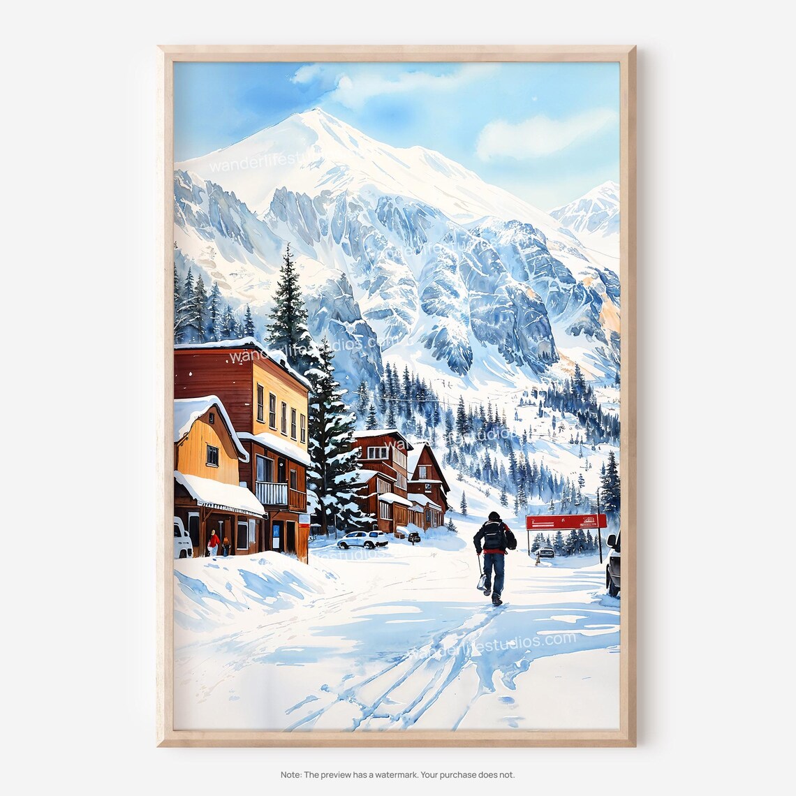 Snowy Ski Town Watercolor Winter Village Alpine Slope Poster