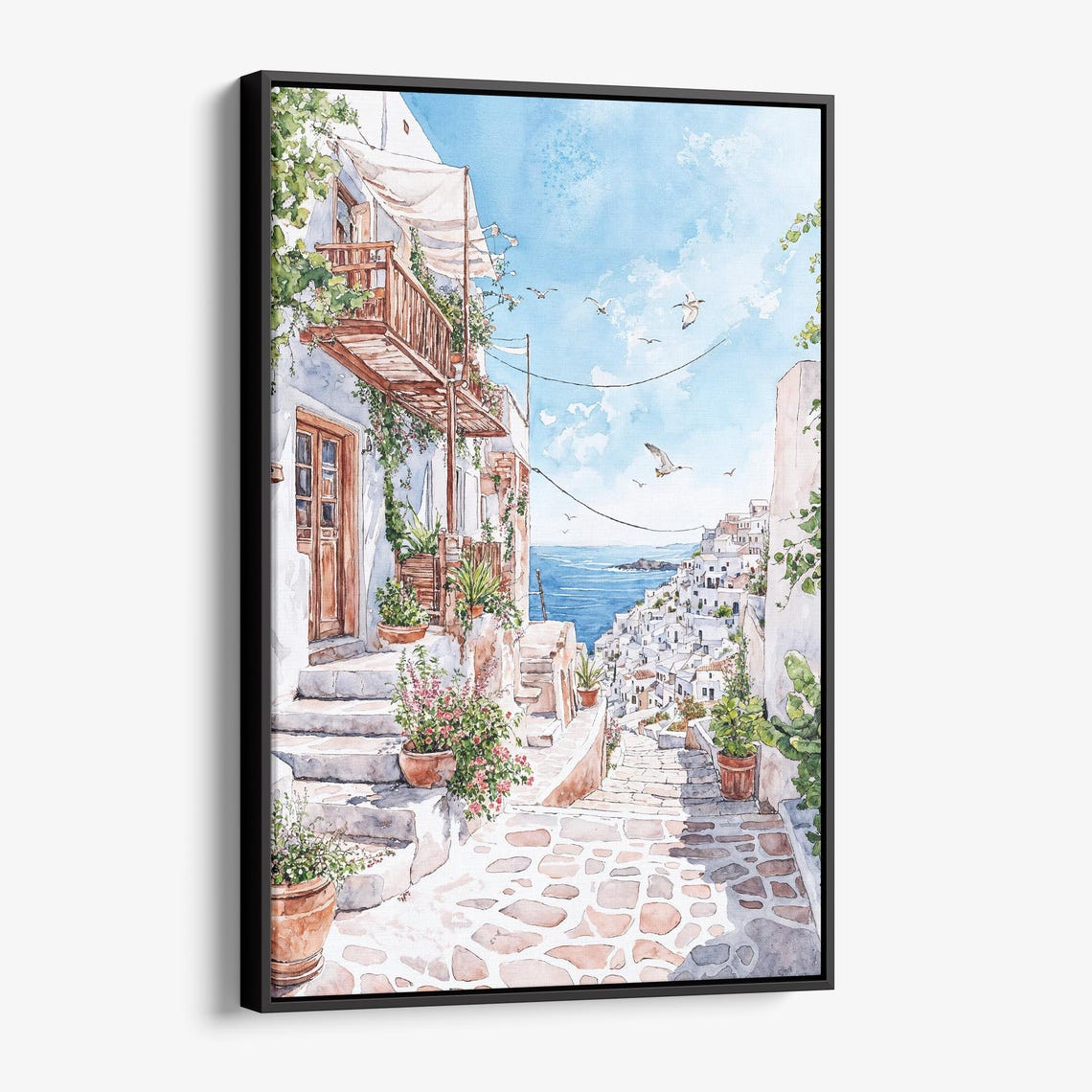 Santorini Watercolor Coastal Street with Whitewashed Houses Poster