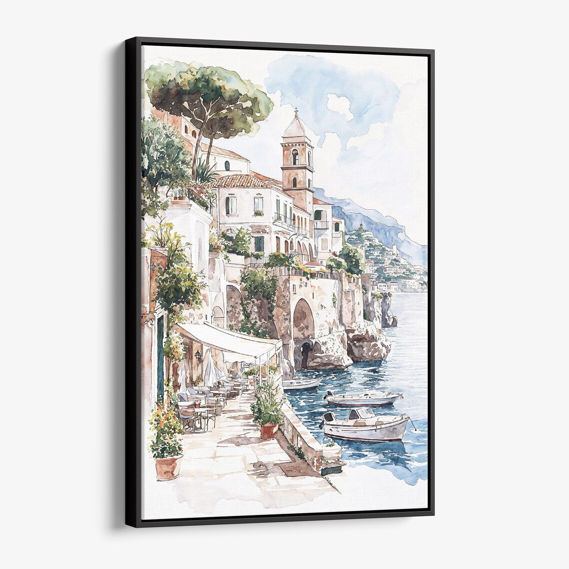 Italian Cliffside Coastal Village Watercolor Seaside Painting Poster