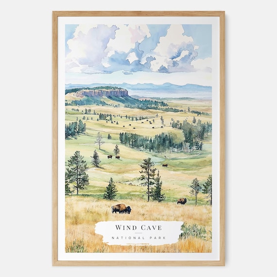 Wind Cave National Park Wild Bison Prairie Scene Watercolor Poster