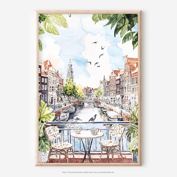 Amsterdam Canal Morning Coffee Watercolor Houseboats Scene Poster