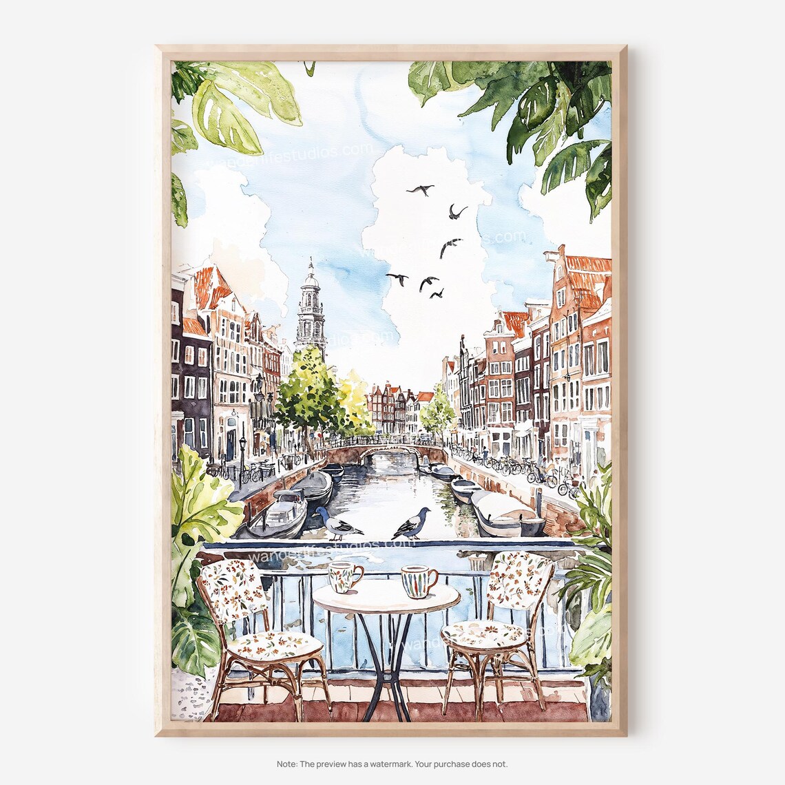 Amsterdam Canal Morning Coffee Watercolor Houseboats Scene Poster
