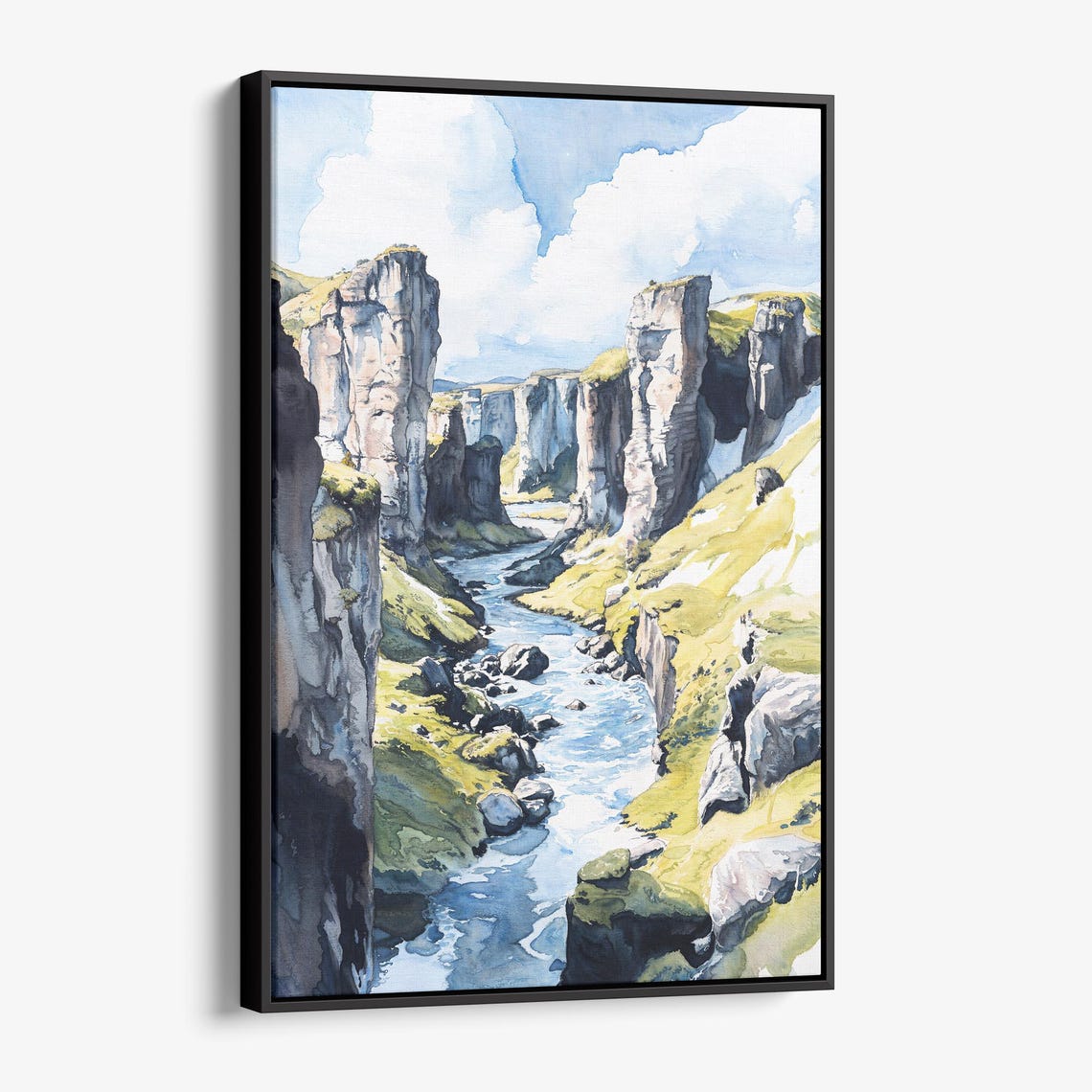 Fjadrargljufur Canyon Iceland River Gorge Watercolor Landscape Poster