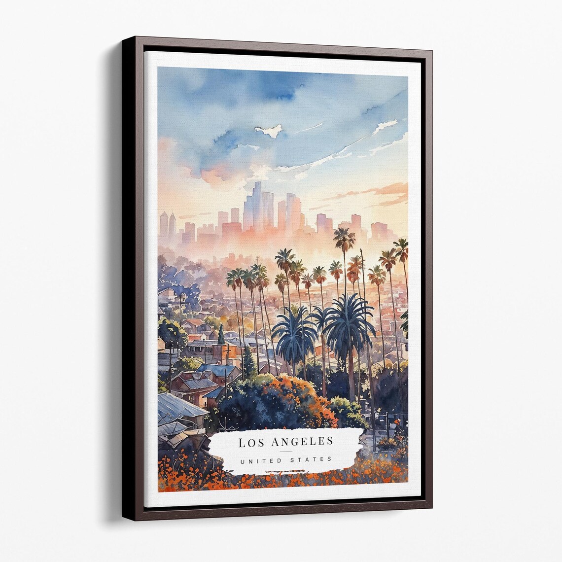 Los Angeles Watercolor Skyline Poster with Palm Trees at Sunset
