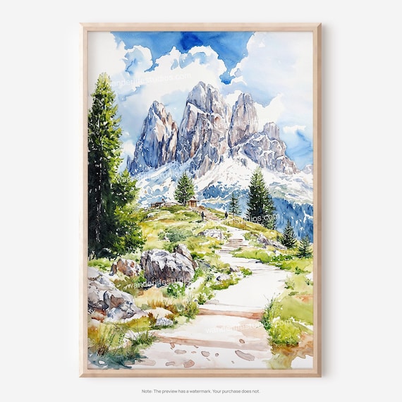 Dolomites Mountain Hiking Trail Watercolor Art Poster Alpine Travel