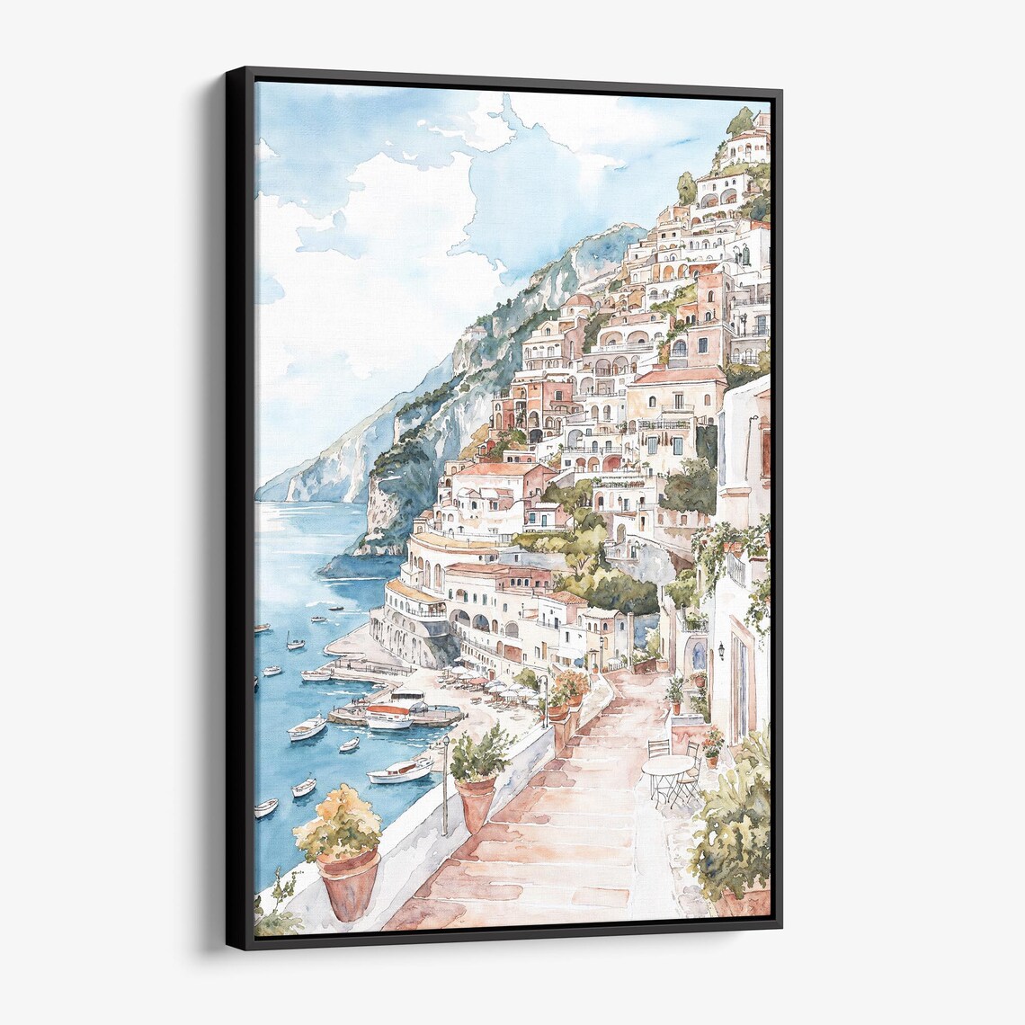 Positano Watercolor Travel Poster, Coastal Village