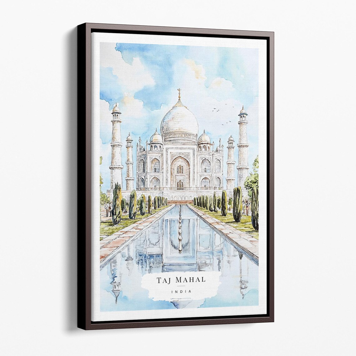 Taj Mahal India Watercolor Poster With Reflecting Pool Gardens