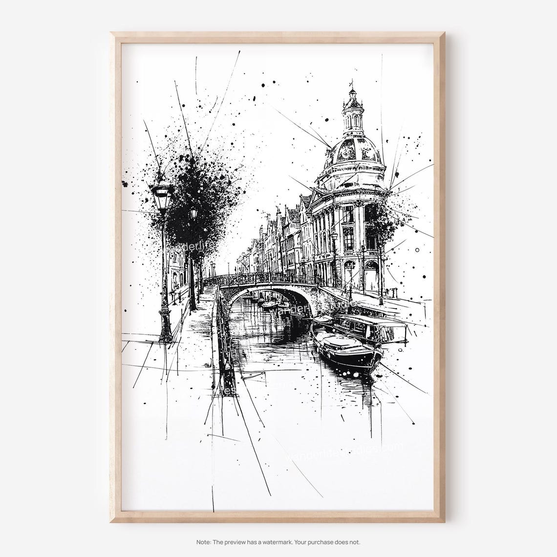 Amsterdam Canal Black And White Ink Sketch Poster With Houseboats