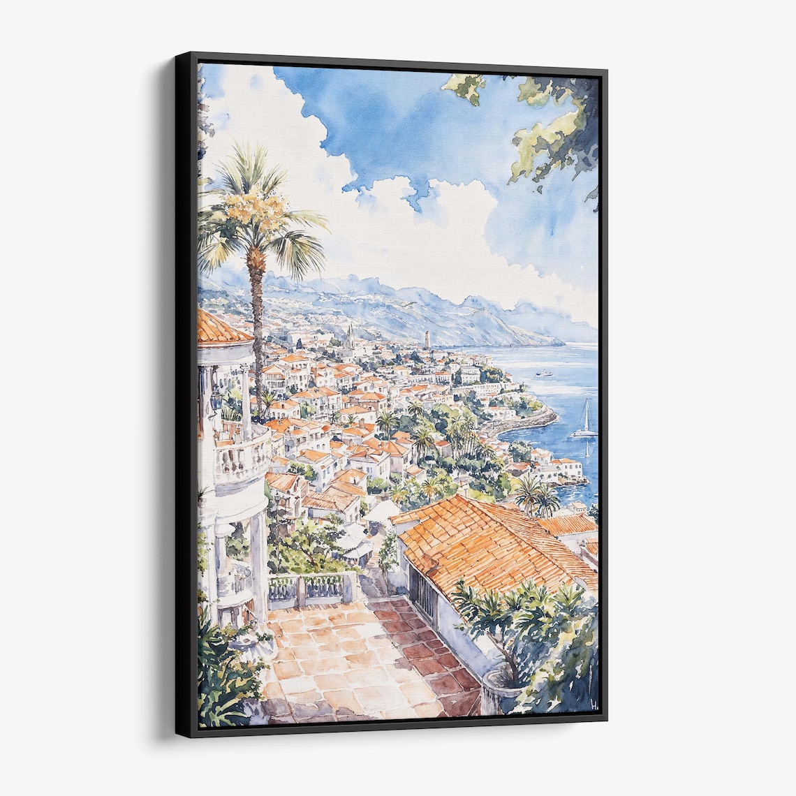 Funchal Madeira Portugal Coastal City Watercolor Bay View Poster