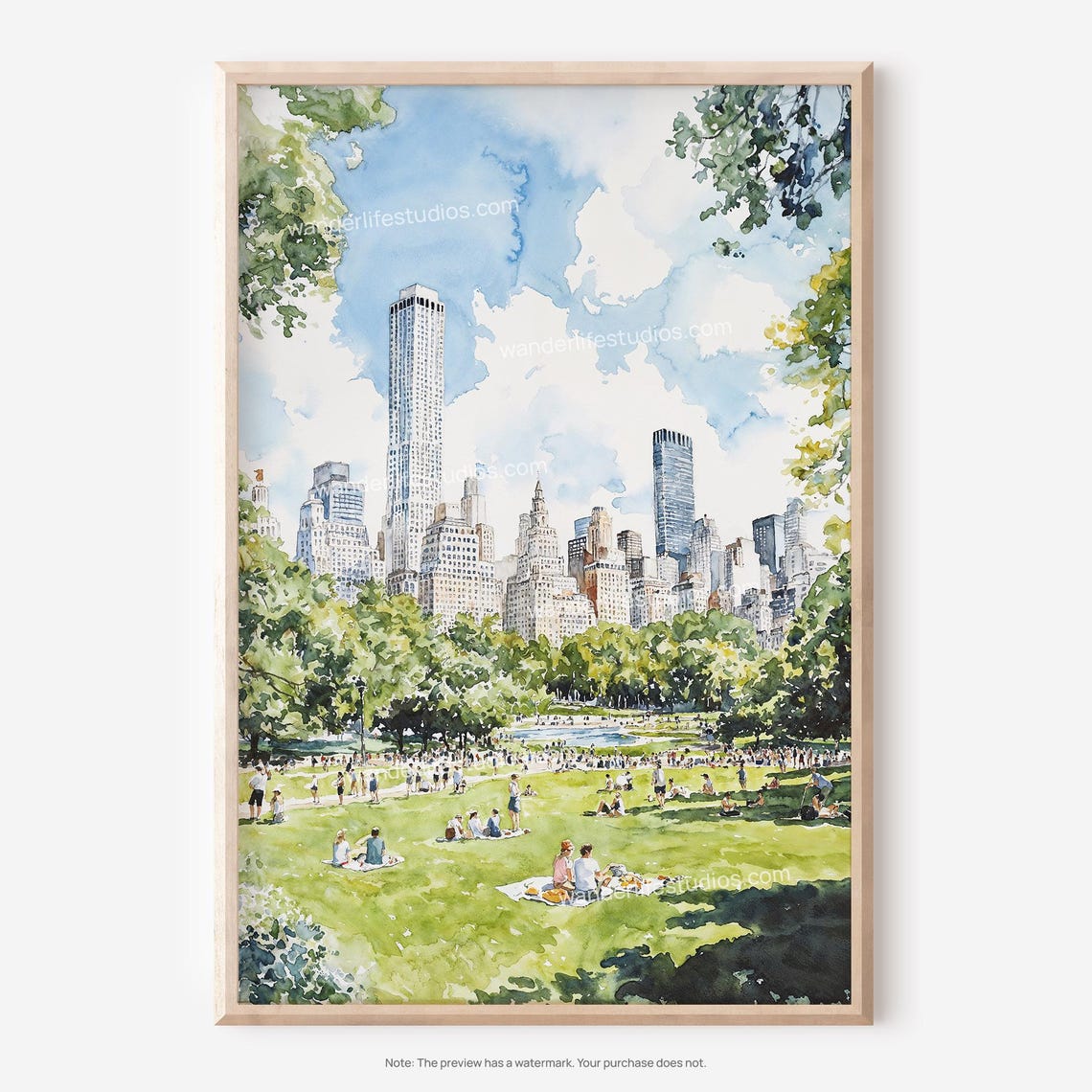 Central Park Watercolor Poster New York City Skyline Picnic Scene
