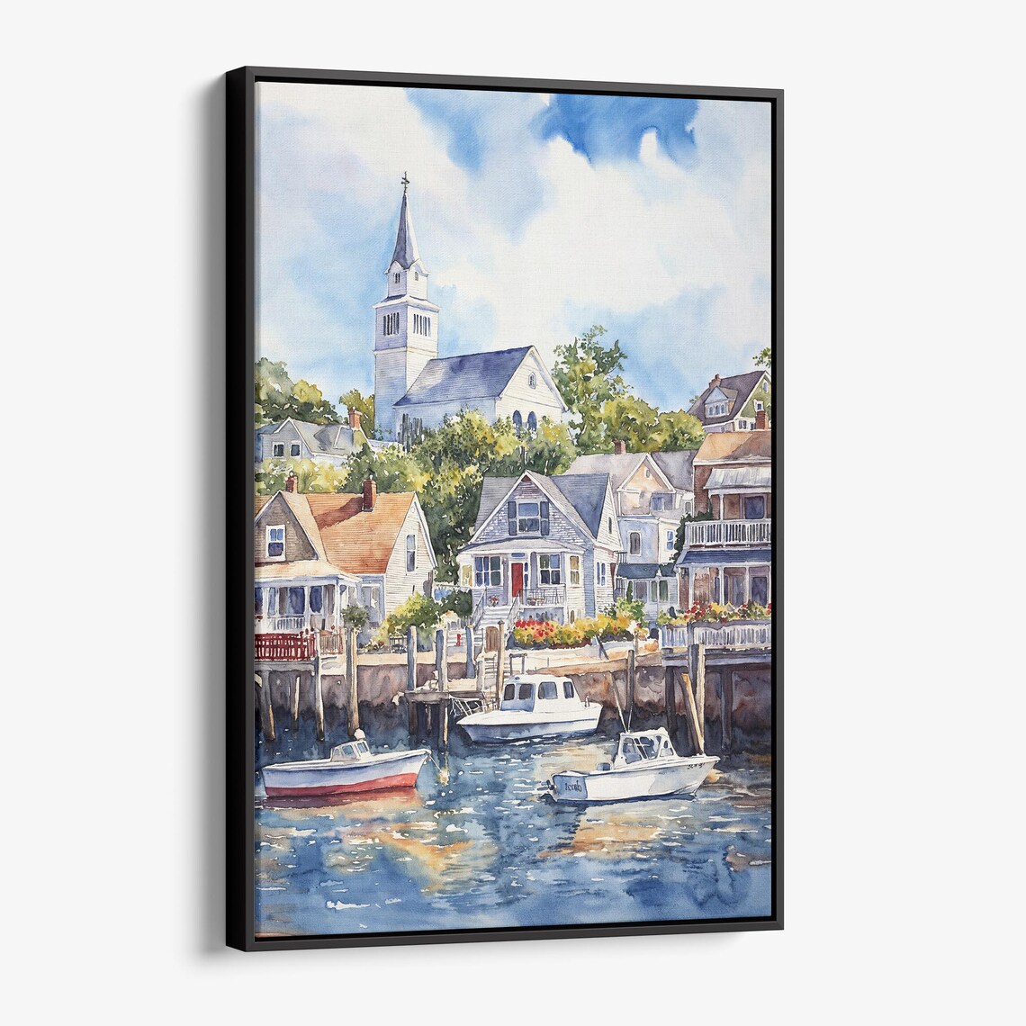 Coastal Town White Church Steeple Harbor Boats Watercolor Poster