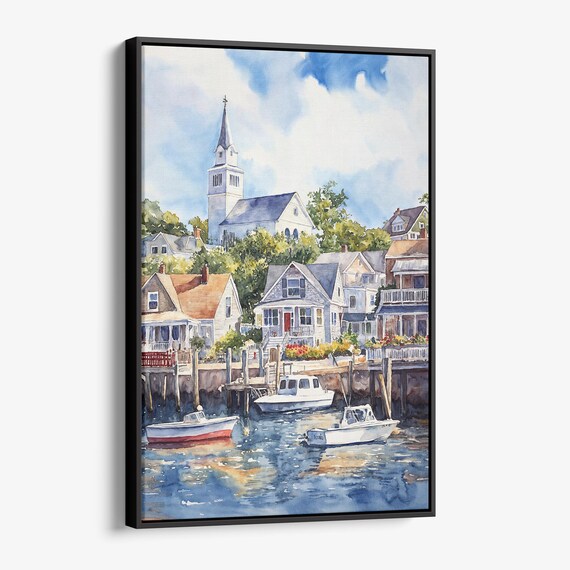 Coastal Town White Church Steeple Harbor Boats Watercolor Poster