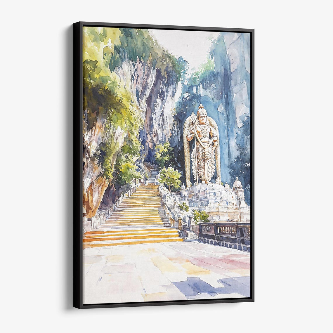 Batu Caves Malaysia Lord Murugan Statue Watercolor Travel Poster