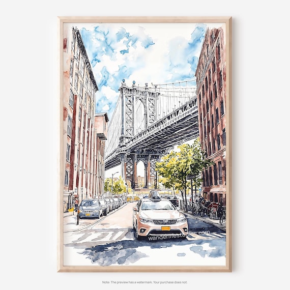 Manhattan Bridge Brooklyn Street Watercolor Cityscape Poster