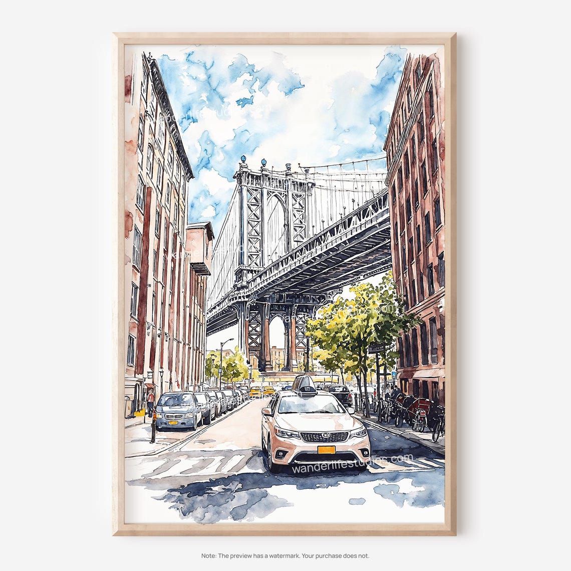Manhattan Bridge Brooklyn Street Watercolor Cityscape Poster