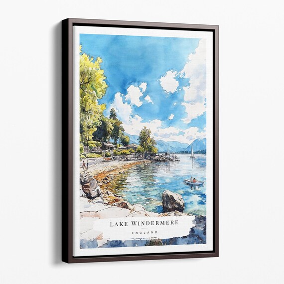 Lake Windermere England Watercolor Lakeside Sailboats Scenic Poster