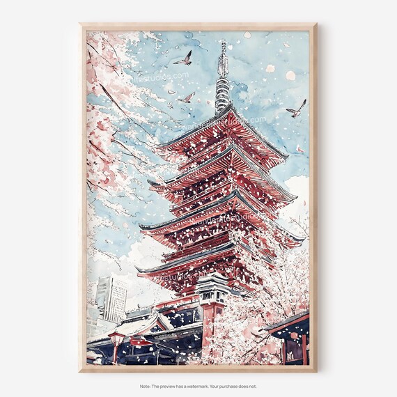 Japanese Pagoda Cherry Blossom Spring Watercolor Temple Poster