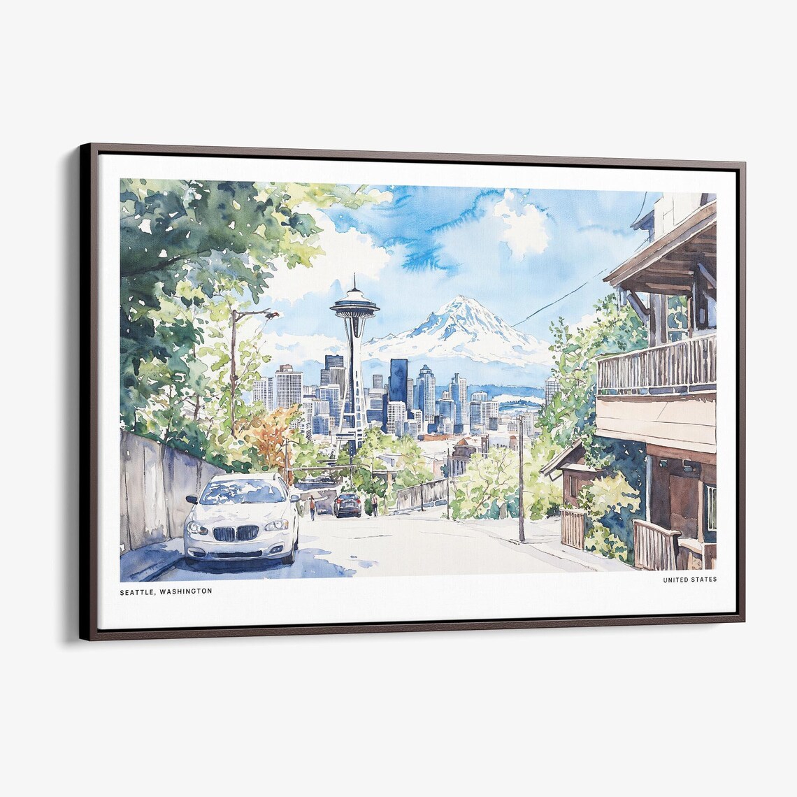 Seattle Skyline Watercolor Canvas Print Cityscape Wall Art