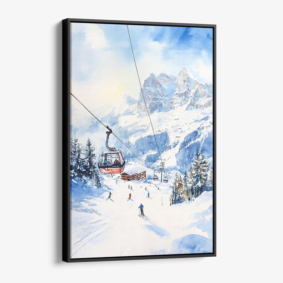 Grindelwald Ski Resort Watercolor Cable Car Snowy Alps Poster