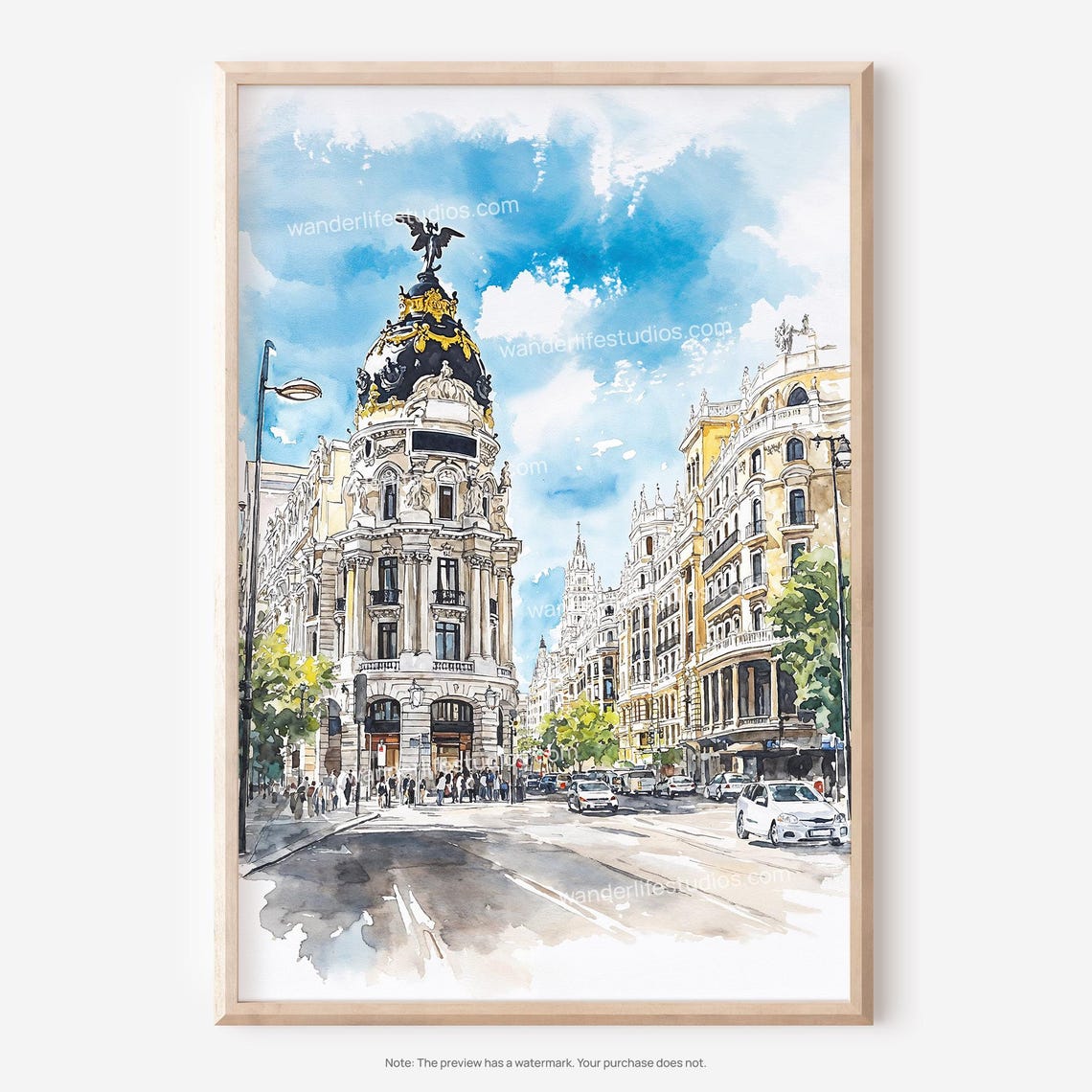 Madrid Cityscape Wall Art Watercolor Style For Instant
