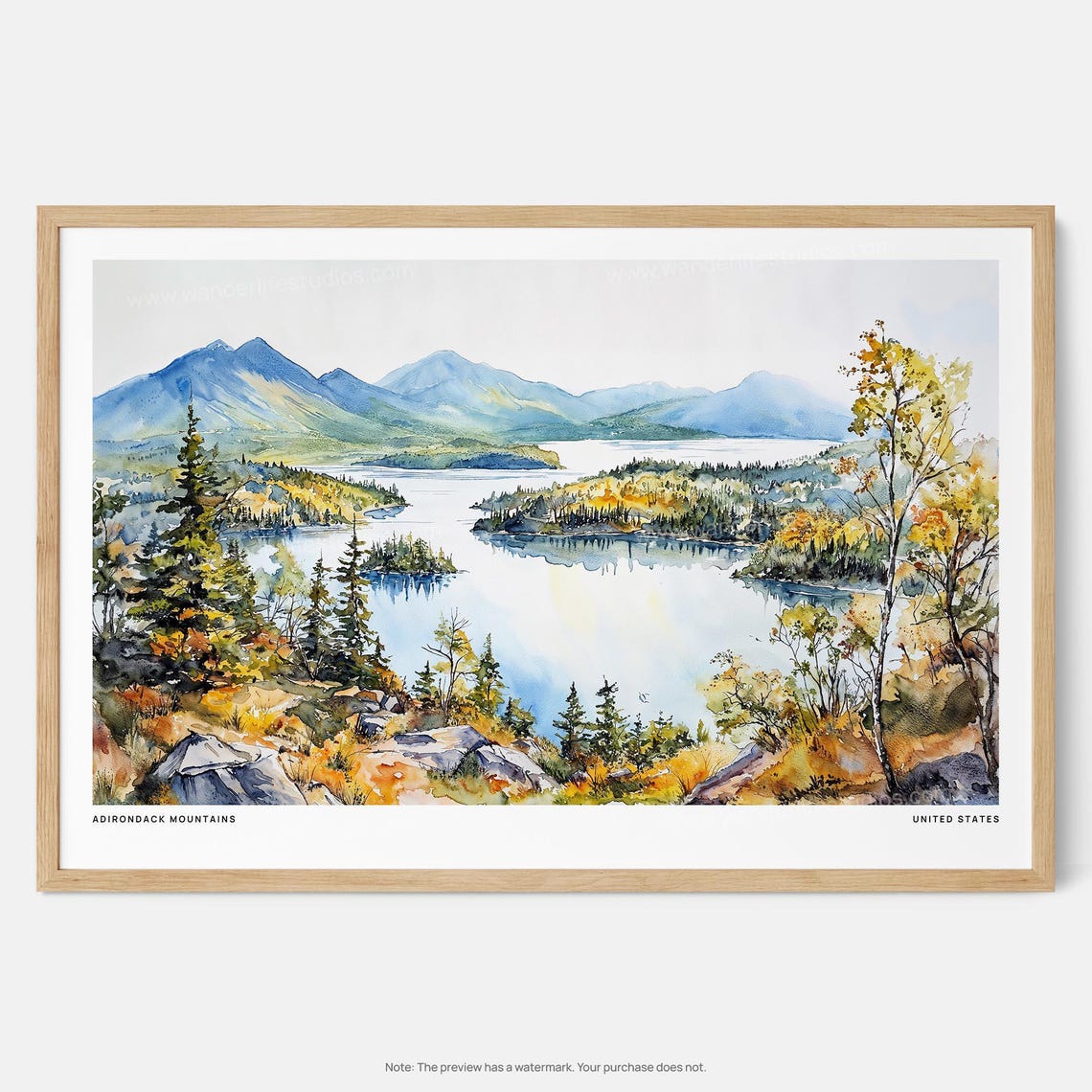 Adirondack Mountains Lake Fall Foliage Watercolor Travel Poster