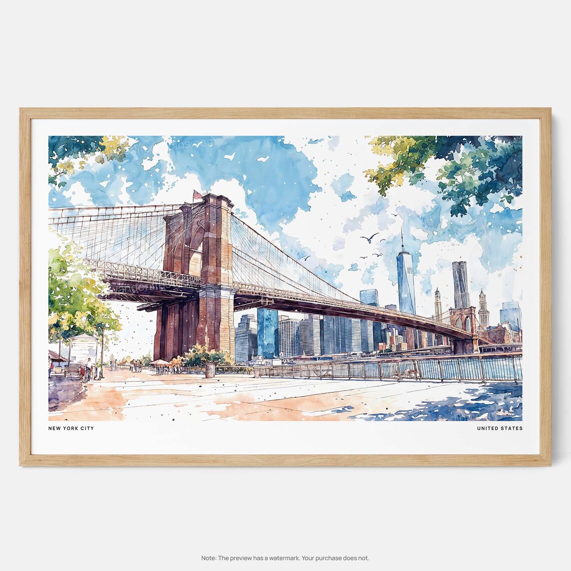 Brooklyn Bridge NYC Watercolor Skyline Art Print