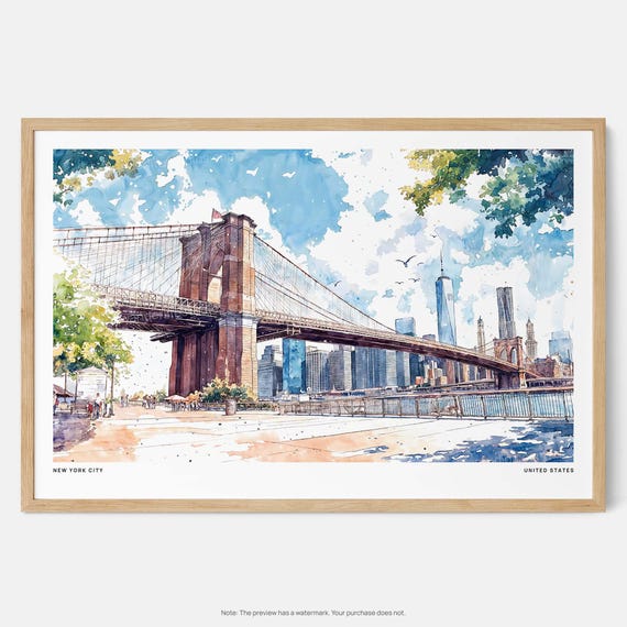 Brooklyn Bridge NYC Watercolor Skyline Art Print