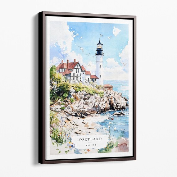 Portland Head Lighthouse Maine Coastal Watercolor Travel Poster