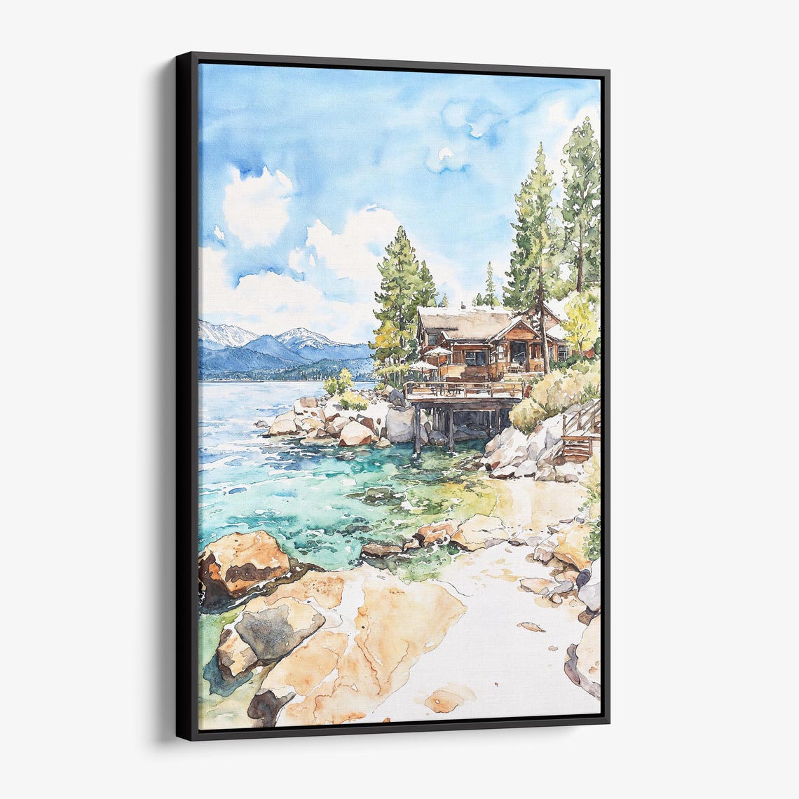 Lake Tahoe Cabin Watercolor Turquoise Shore Pines Mountain Lake Print