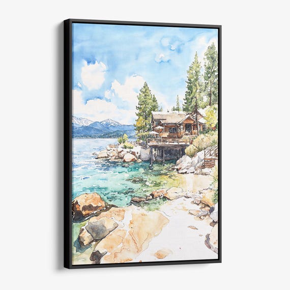 Lake Tahoe Cabin Canvas Print Scenic Watercolor Landscape Wall Art