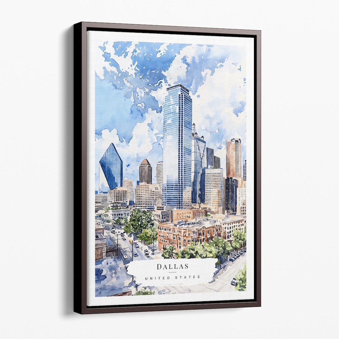 Dallas Texas Downtown Skyline Skyscrapers Watercolor City Poster