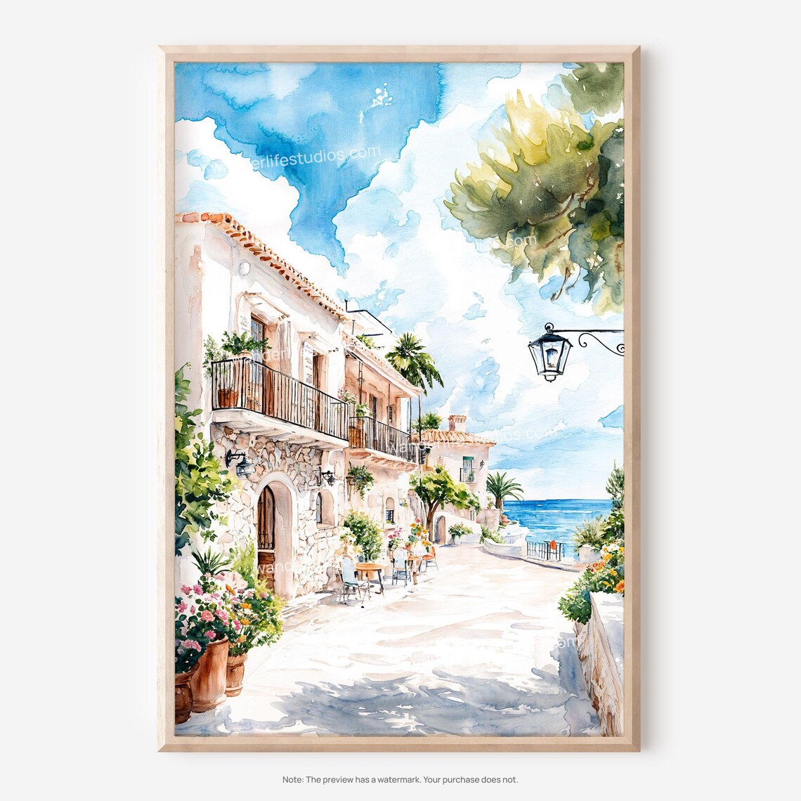 Mallorca Coastal Whitewashed Village Sea Watercolor Spain Poster