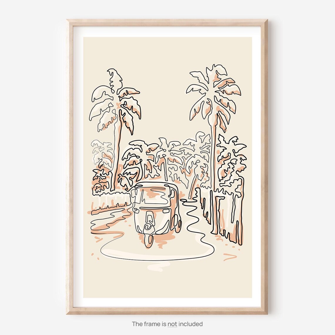 Tuk-Tuk Among Palm Trees Terracotta Continuous Line Art Travel Poster