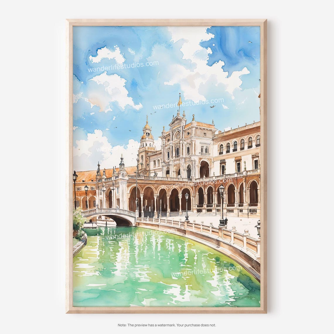 Beautiful Seville Spain Plaza de Espana Canal Bridge Watercolor Poster