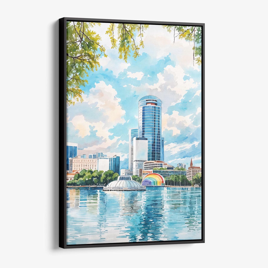 City Skyline Over Calm Lake Watercolor Reflection Art Poster