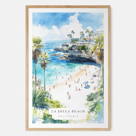 La Jolla Beach California Palm Cove Swimmers Watercolor Poster