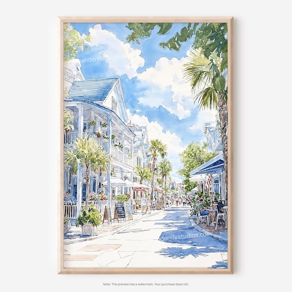 Key West Florida Charming Street Cafes Watercolor Art Poster