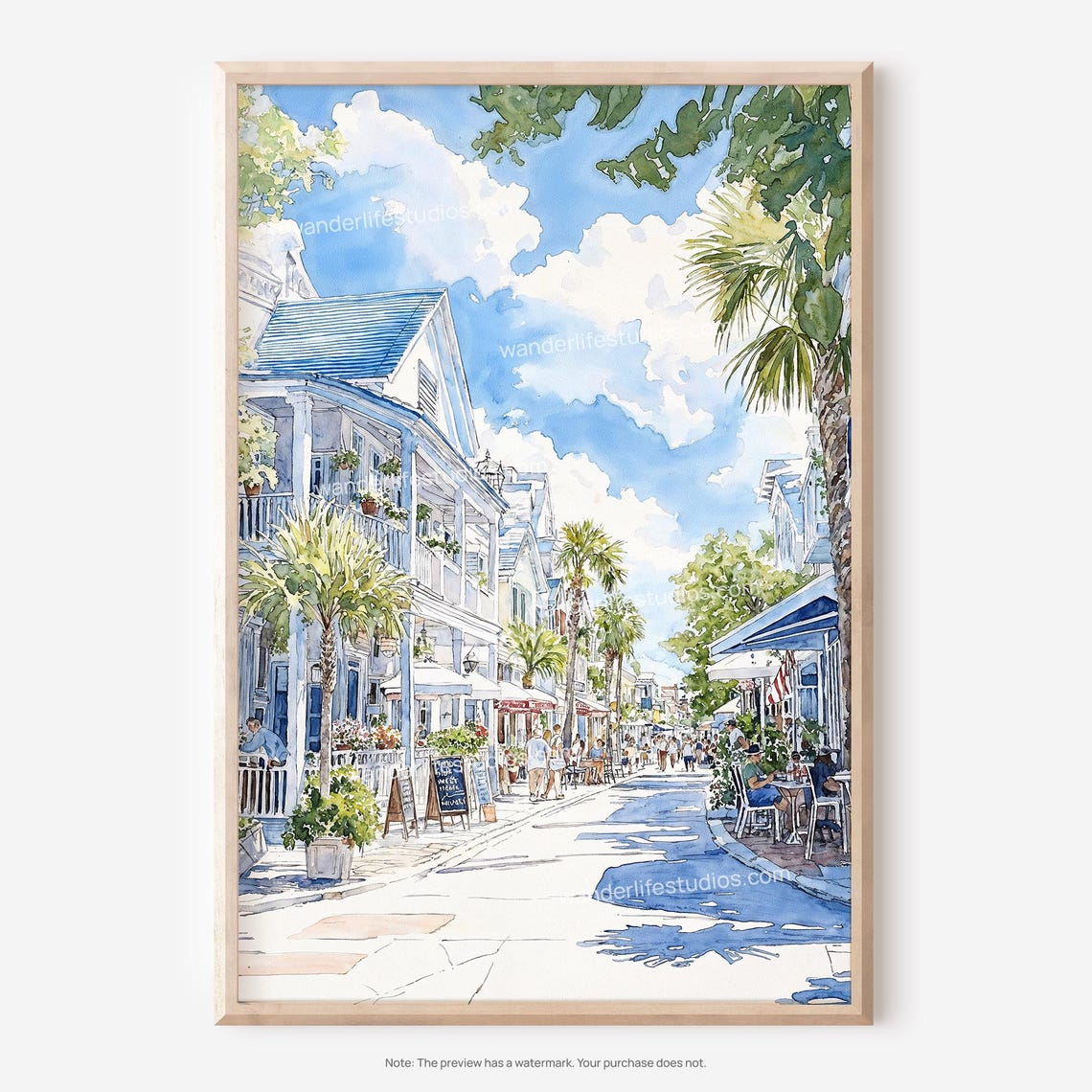 Key West Florida Charming Street Cafes Watercolor Art Poster