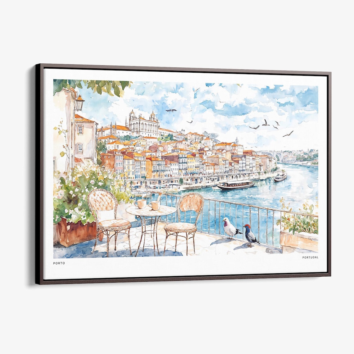 Porto Portugal Waterfront Cafe Scene with Rabelo Boats Travel Poster