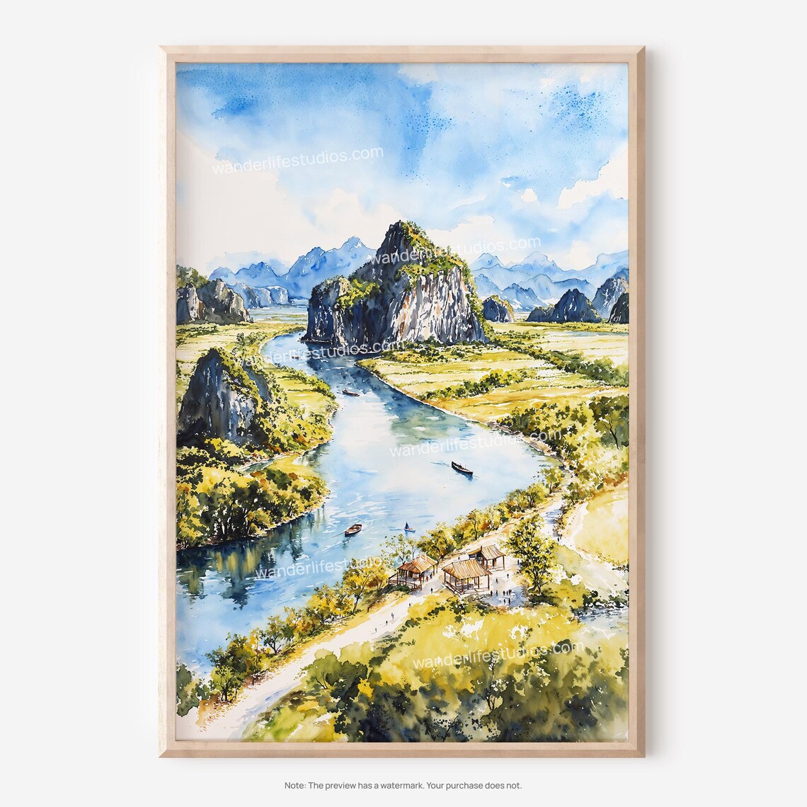 Tropical Limestone Karst River Boats Watercolor Travel Poster